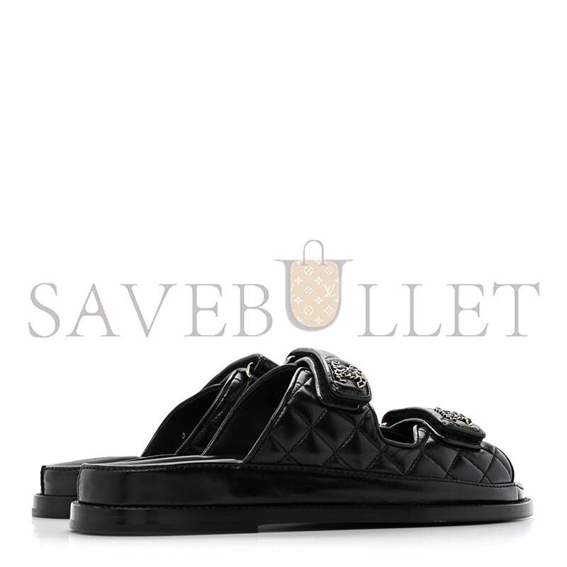CHANEL LAMBSKIN QUILTED VELCRO DAD CHAIN CC SLIDE SANDALS BLACK G45507